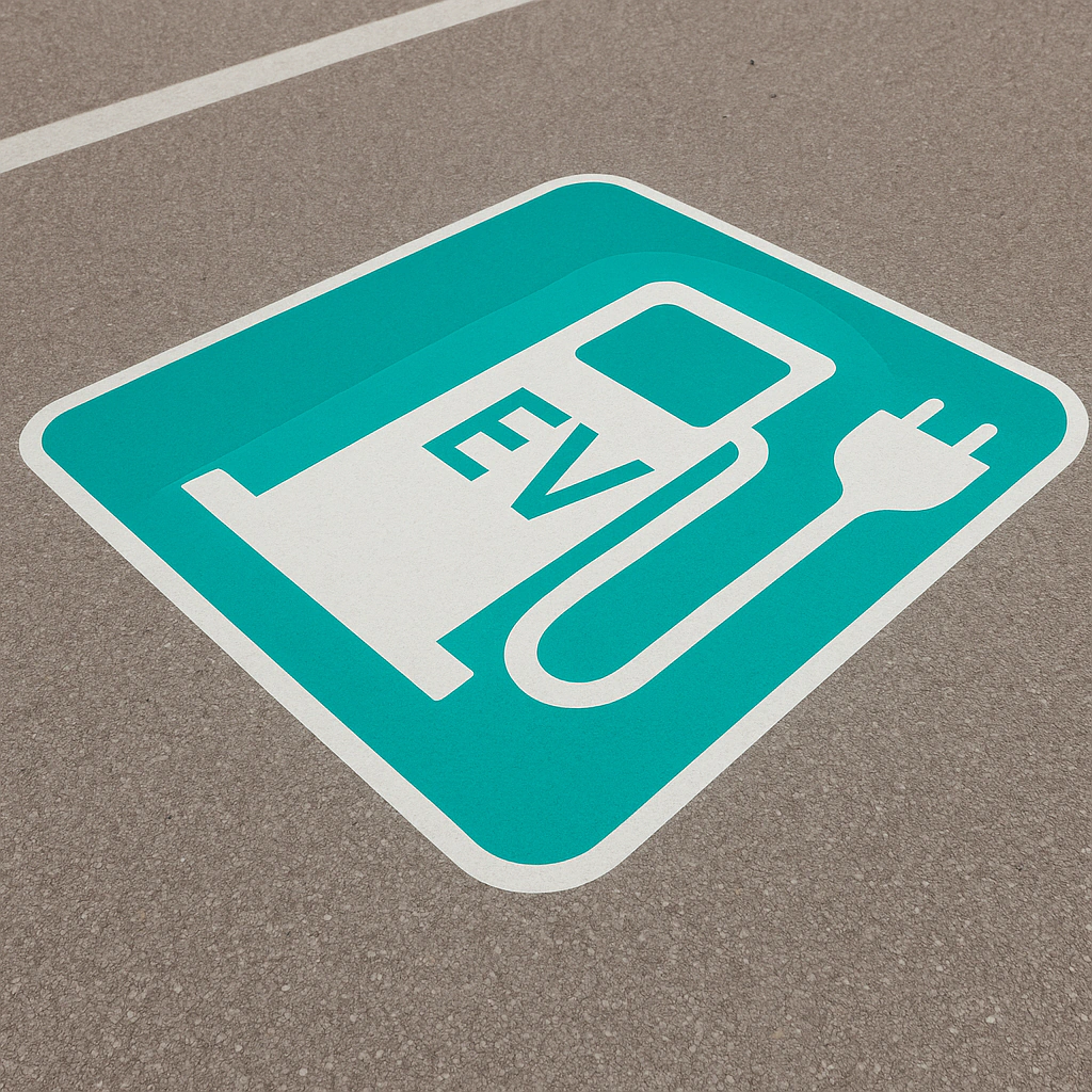 Symbol dystrybutora z kablem do ładowania pojazdów elektrycznych na turkusowym tle w obrysowanym białą linią kwadracie, wymalowane na miejscu parkingowym.
